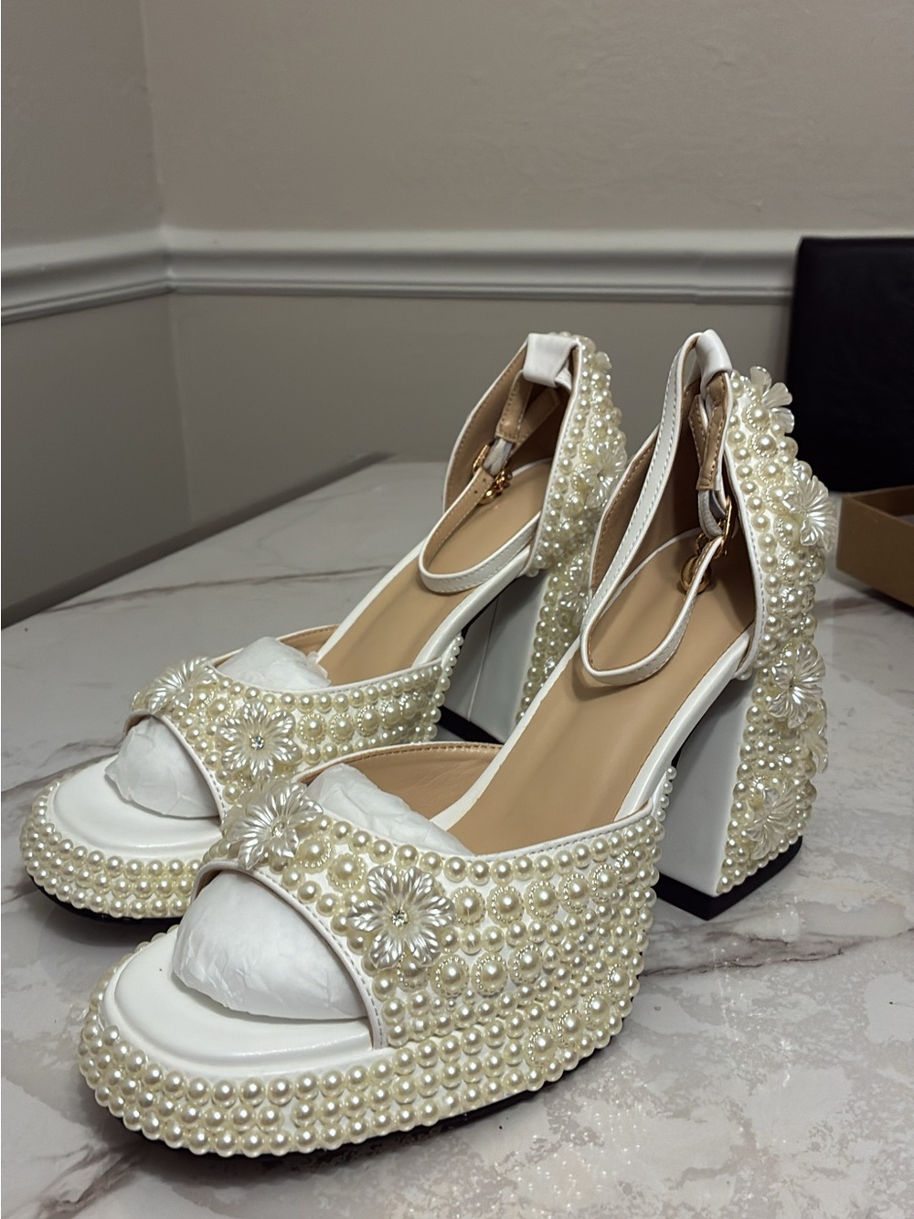Women's Pearl-Embellished White Block Heel Sandals